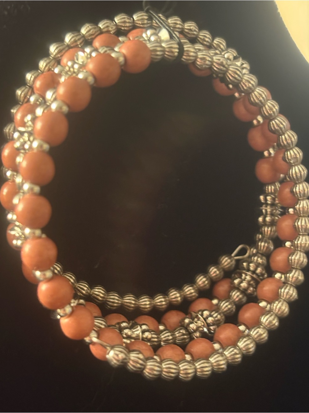 Handcrafted tan Bead and Silver-Tone Wrap Bracelet